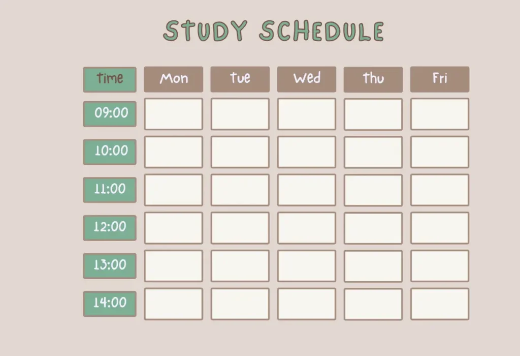 A study schedule table with days of the week (Mon-Fri) as column headers and hourly time slots. 